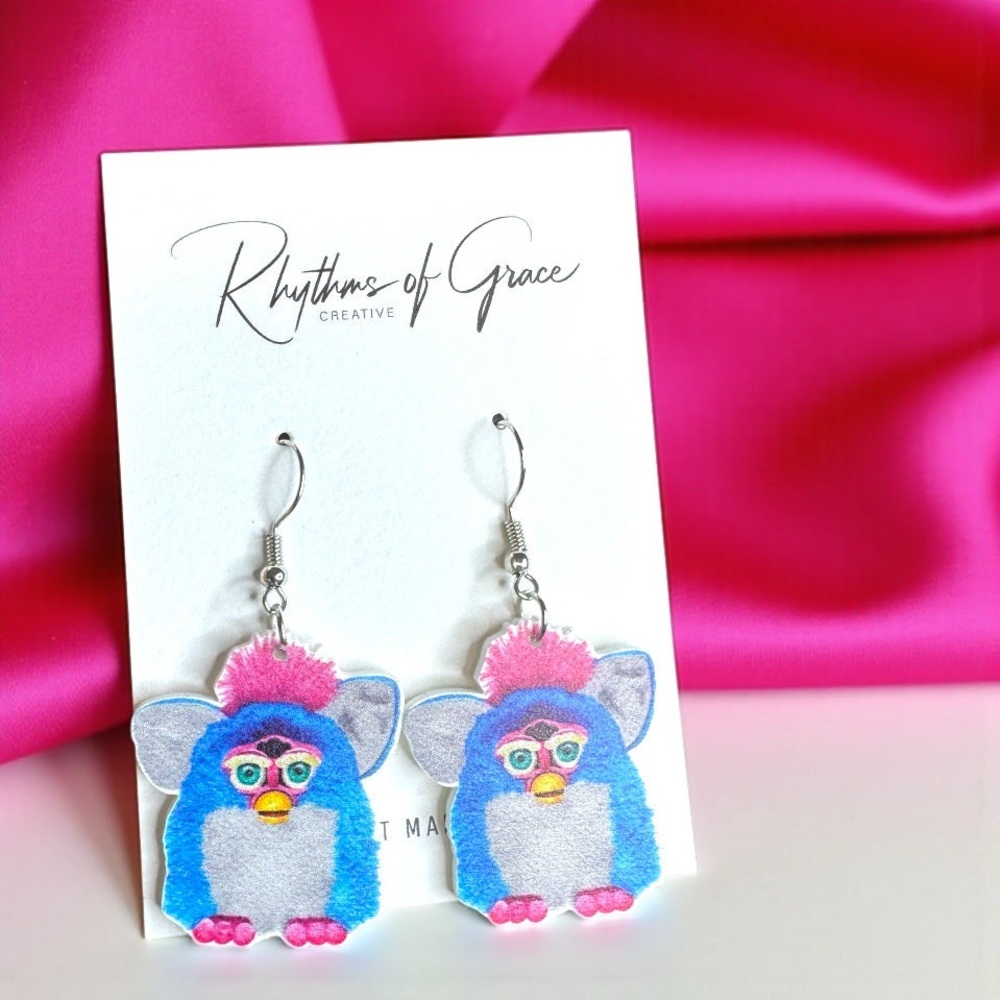 Furby Earrings, Handmade, Retro Inspired Jewelry, Fun Gift 90s Enthusiasts (Nwt)